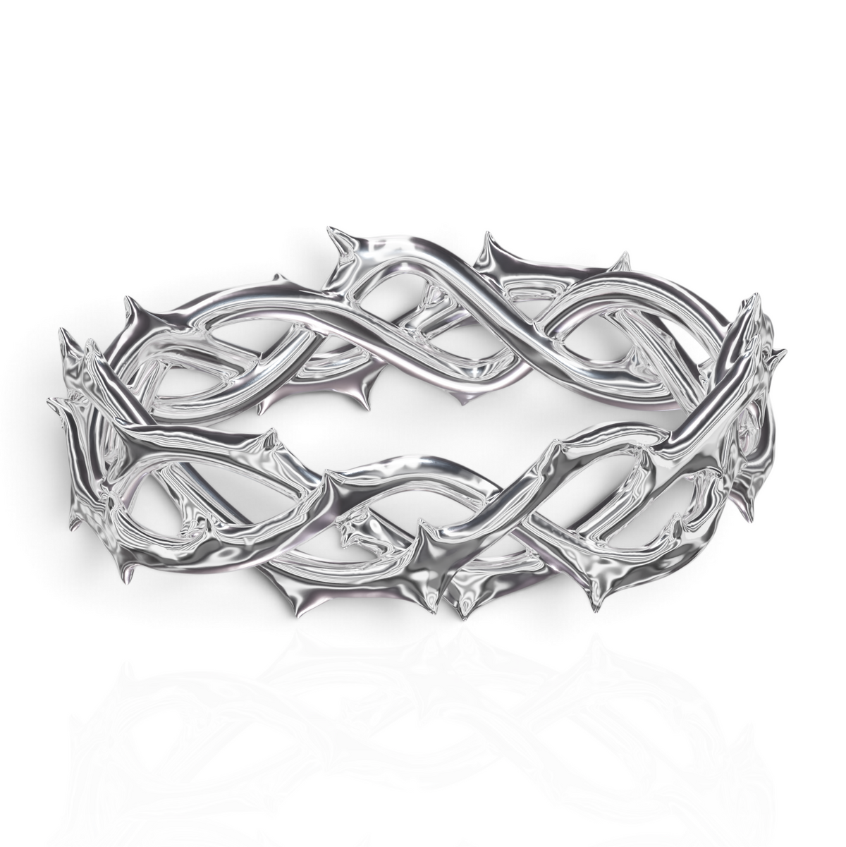 YFS Designs Edward 14K white gold wedding band featuring an intricate, sculptural interwoven thorn branch design.