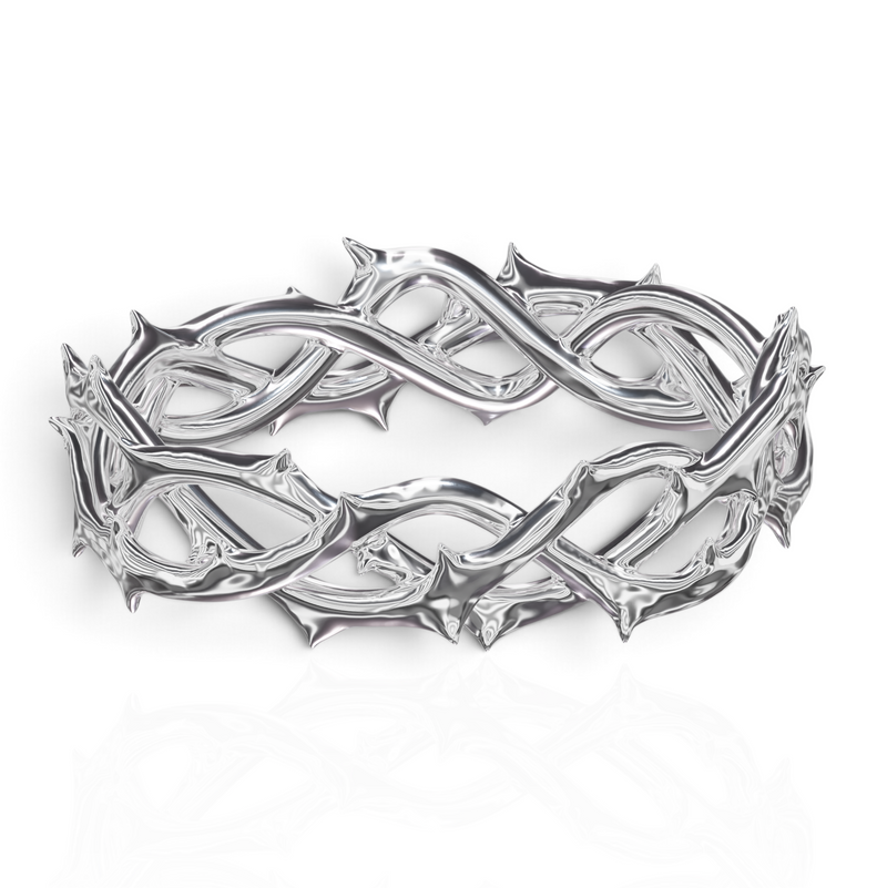 YFS Designs Edward 14K white gold wedding band featuring an intricate, sculptural interwoven thorn branch design.
