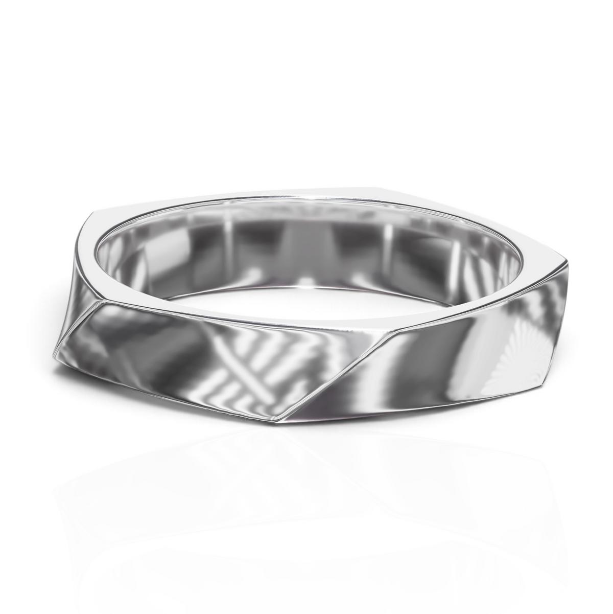 YFS Designs Ian geometric silver-tone wedding band with a faceted architectural silhouette and polished finish.