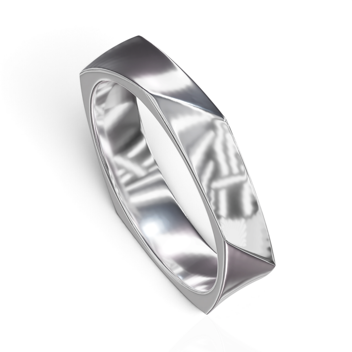 YFS Designs Ian geometric wedding band in polished silver-tone metal with a faceted architectural silhouette.
