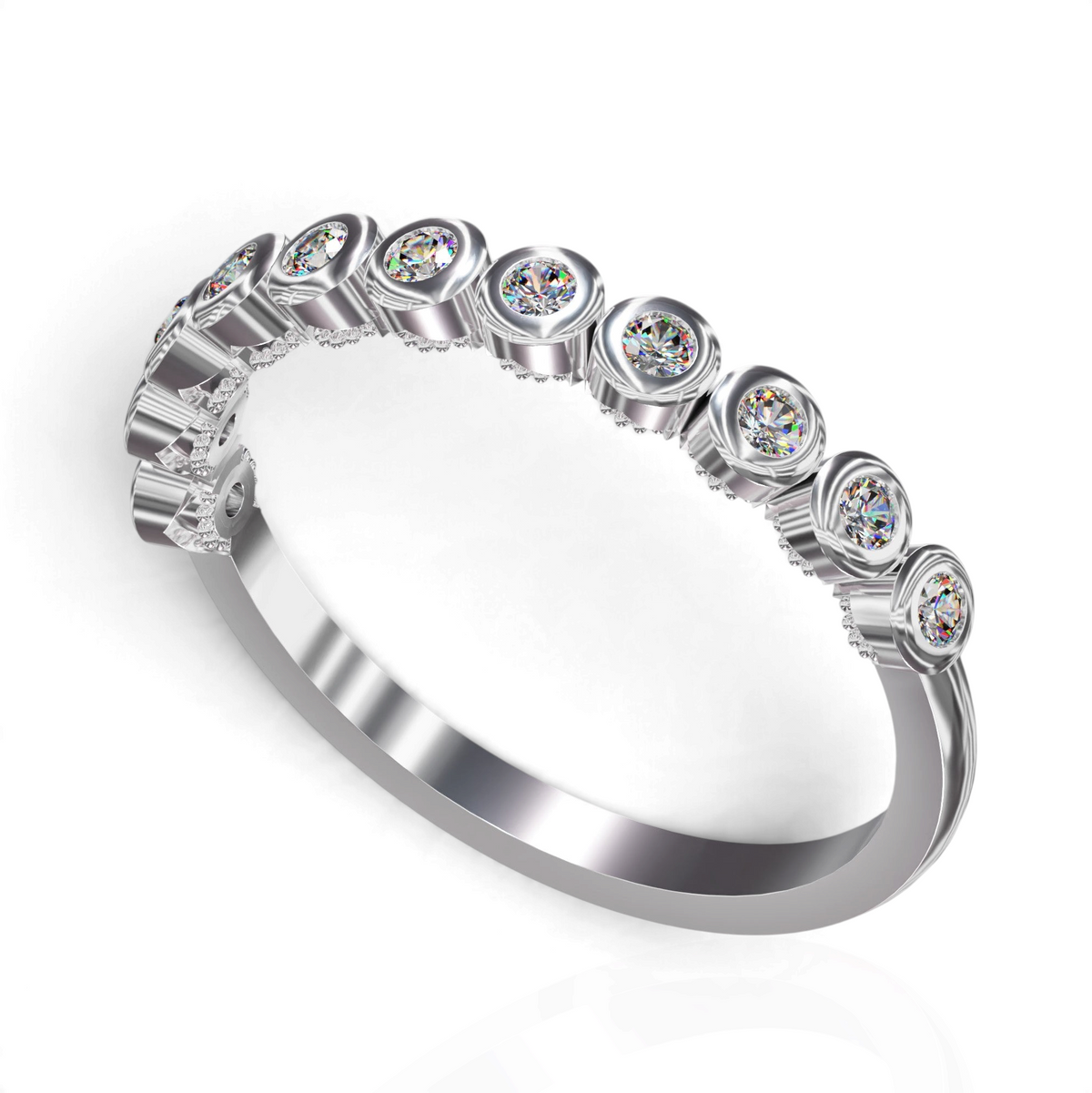 YFS Designs Jane ring featuring a row of brilliant-cut stones in a secure silver bezel setting for a modern look.