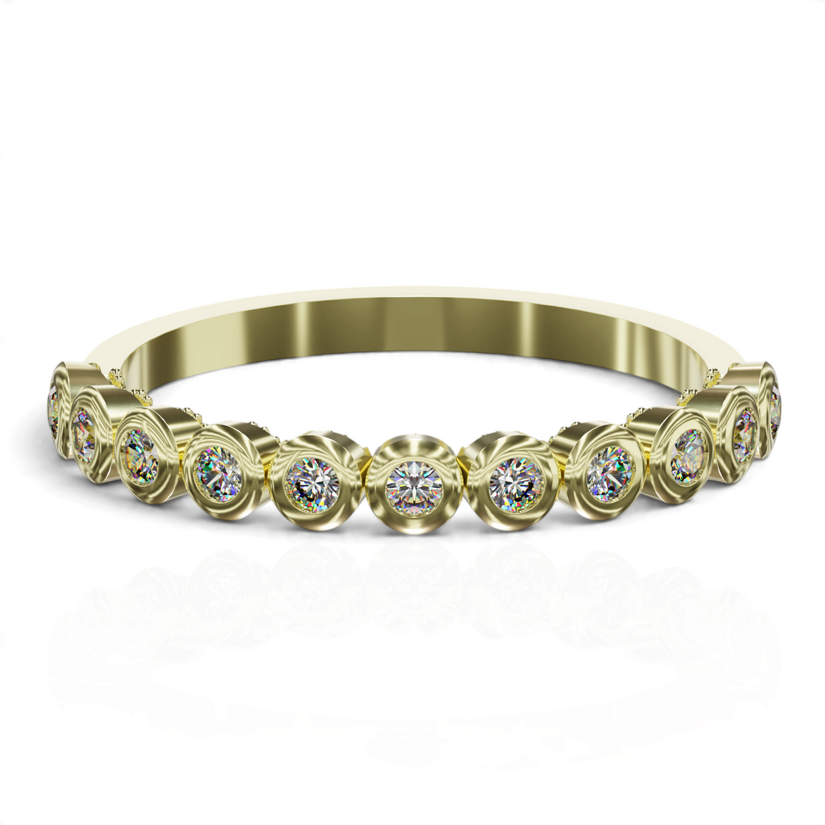 YFS Designs Jane gold eternity ring featuring a continuous row of brilliant-cut stones in secure bezel settings.