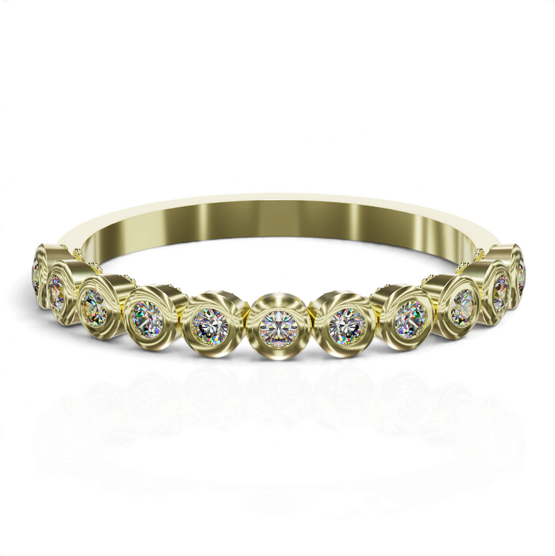 YFS Designs Jane gold eternity ring featuring a continuous row of brilliant-cut stones in secure bezel settings.