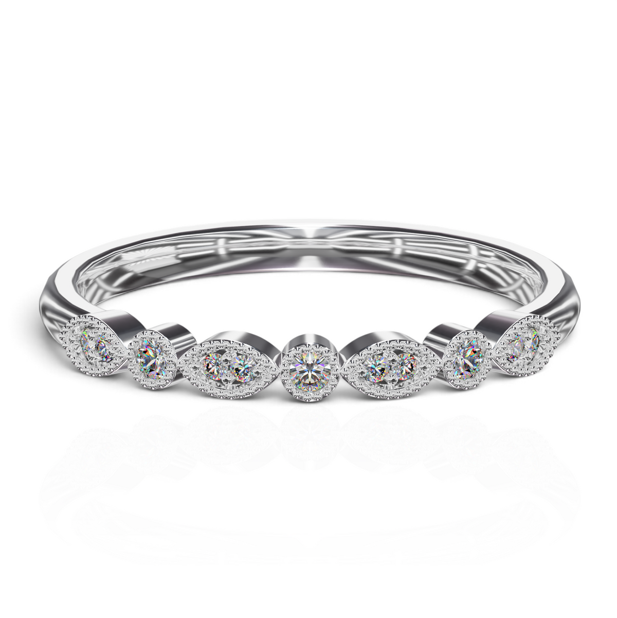 YFS Designs Jennifer vintage stackable band with marquise and round lab-grown diamonds and milgrain detailing.