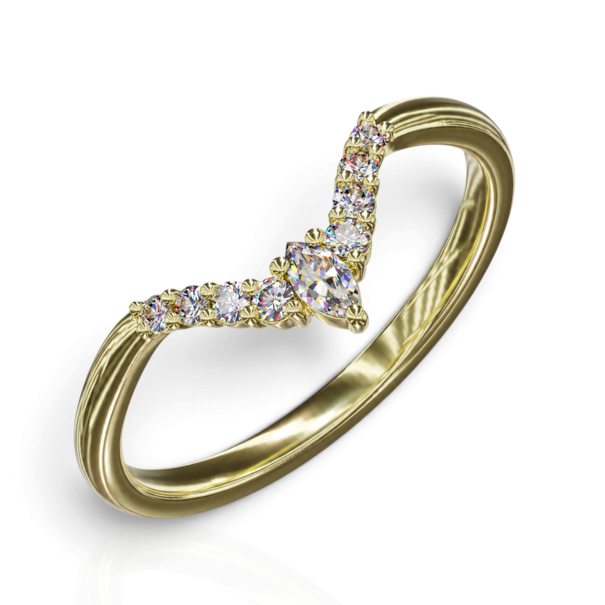 YFS Designs Johanna chevron wedding band in yellow gold with a central marquise diamond and round-cut diamond accents.