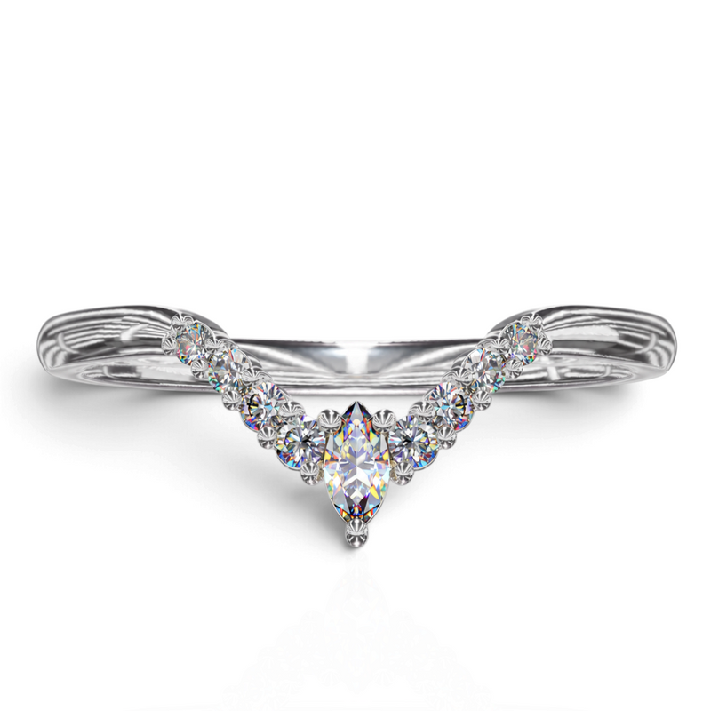 YFS Designs Johanna chevron wedding band in polished 14K white gold with round and marquise-cut diamonds in a V-shape
