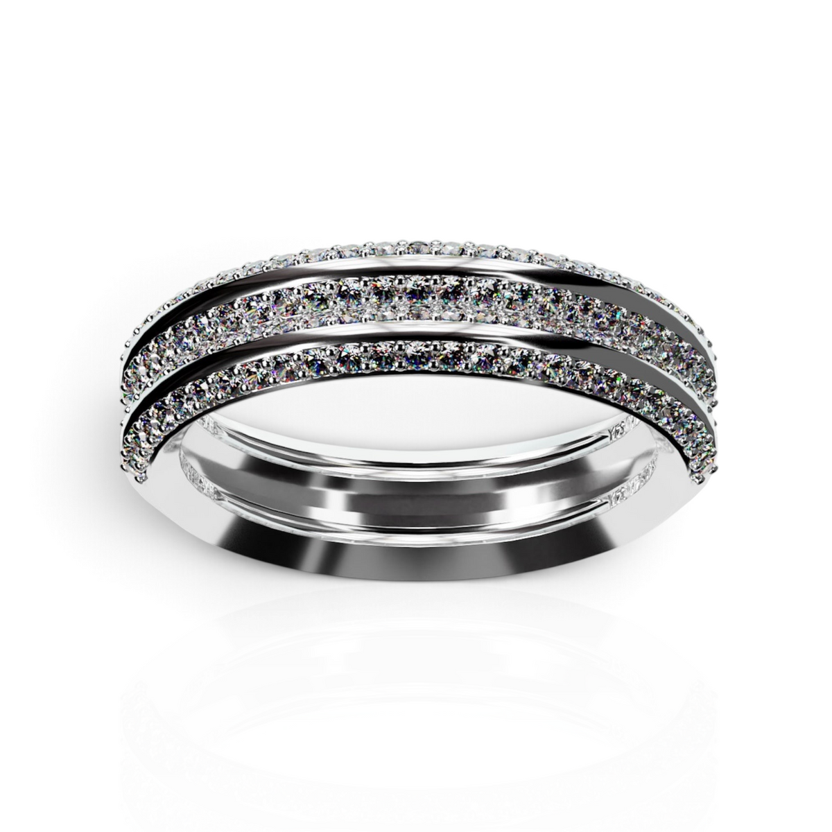 YFS Designs Lyra 3mm 14K white gold band ring featuring two rows of sparkling stones in a layered, polished finish.