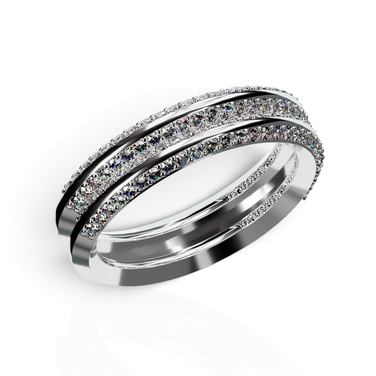 YFS Designs Lyra 3mm 14K white gold band ring featuring two rows of brilliant sparkling stones in a layered design.