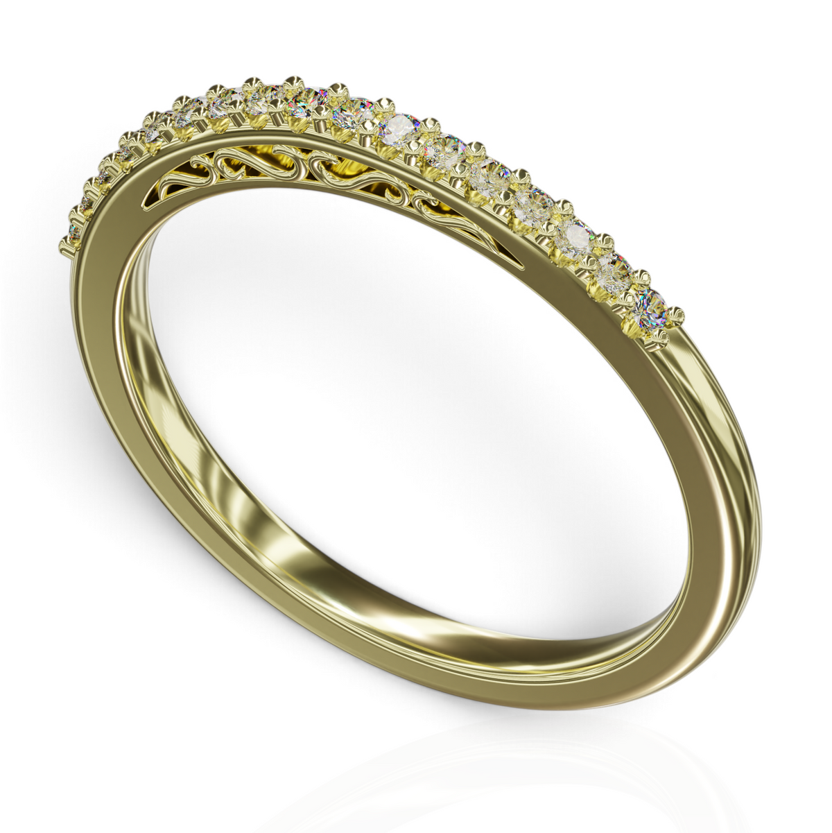 YFS Designs Mariela gold wedding band with shimmering diamonds and intricate filigree scrollwork on the side profile.