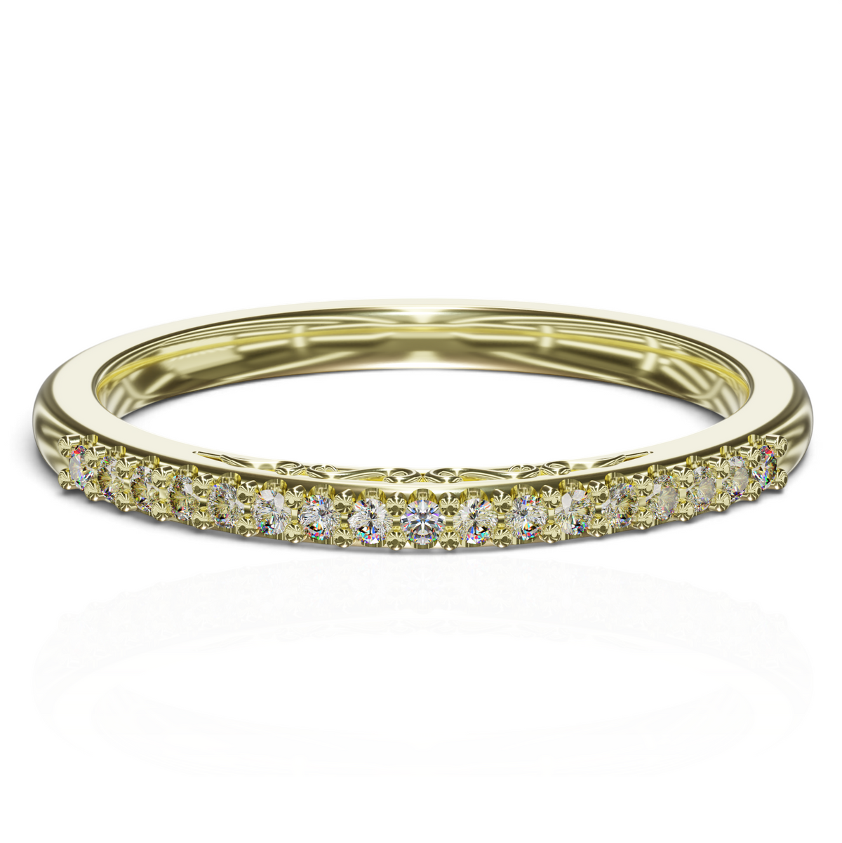 YFS Designs Mariela gold wedding band with a row of shimmering diamonds and intricate filigree side scrollwork.