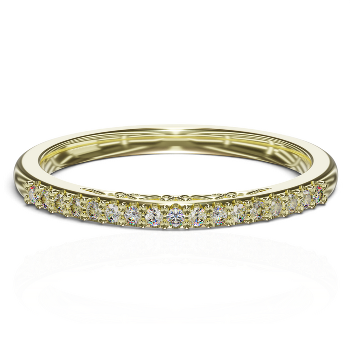 YFS Designs Mariela gold wedding band with a row of shimmering diamonds and intricate filigree side scrollwork.