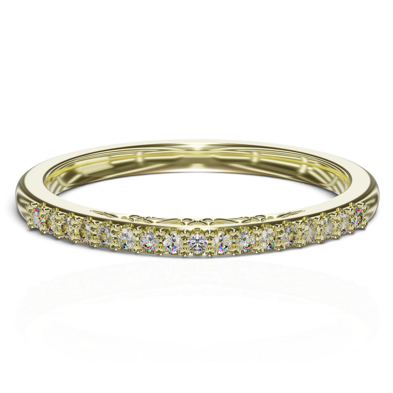 YFS Designs Mariela gold wedding band with a row of shimmering diamonds and intricate filigree side scrollwork.