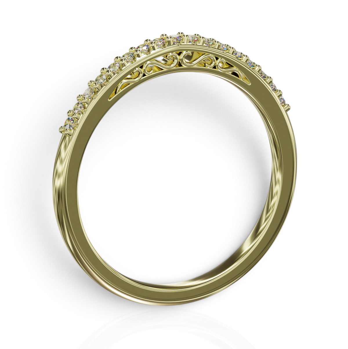 YFS Designs Mariela gold wedding band with diamond accents and intricate filigree scrollwork on the side profile