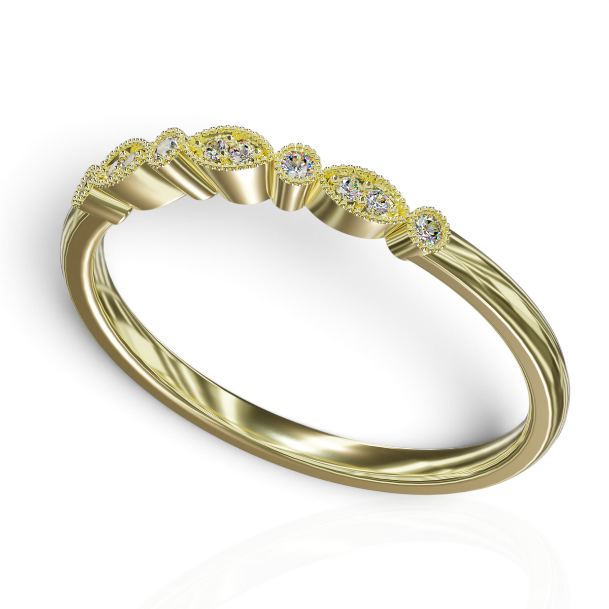 YFS Designs Maritza vintage gold band featuring marquise and round lab-grown diamonds with delicate milgrain detailing.