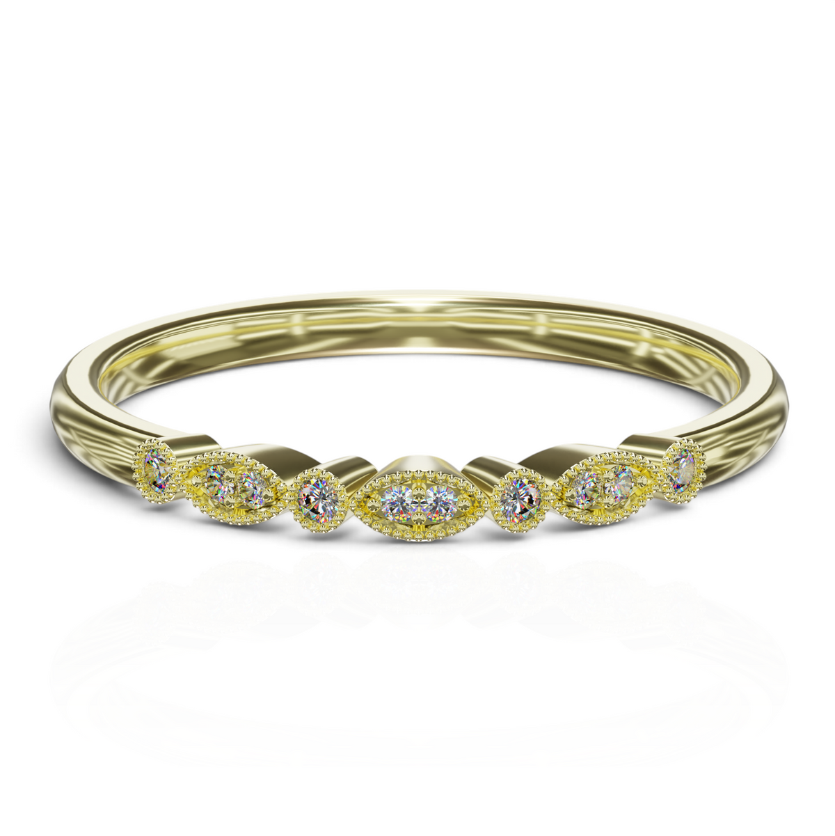 YFS Designs Maritza vintage gold band with marquise and round lab-grown diamonds and intricate milgrain detailing.