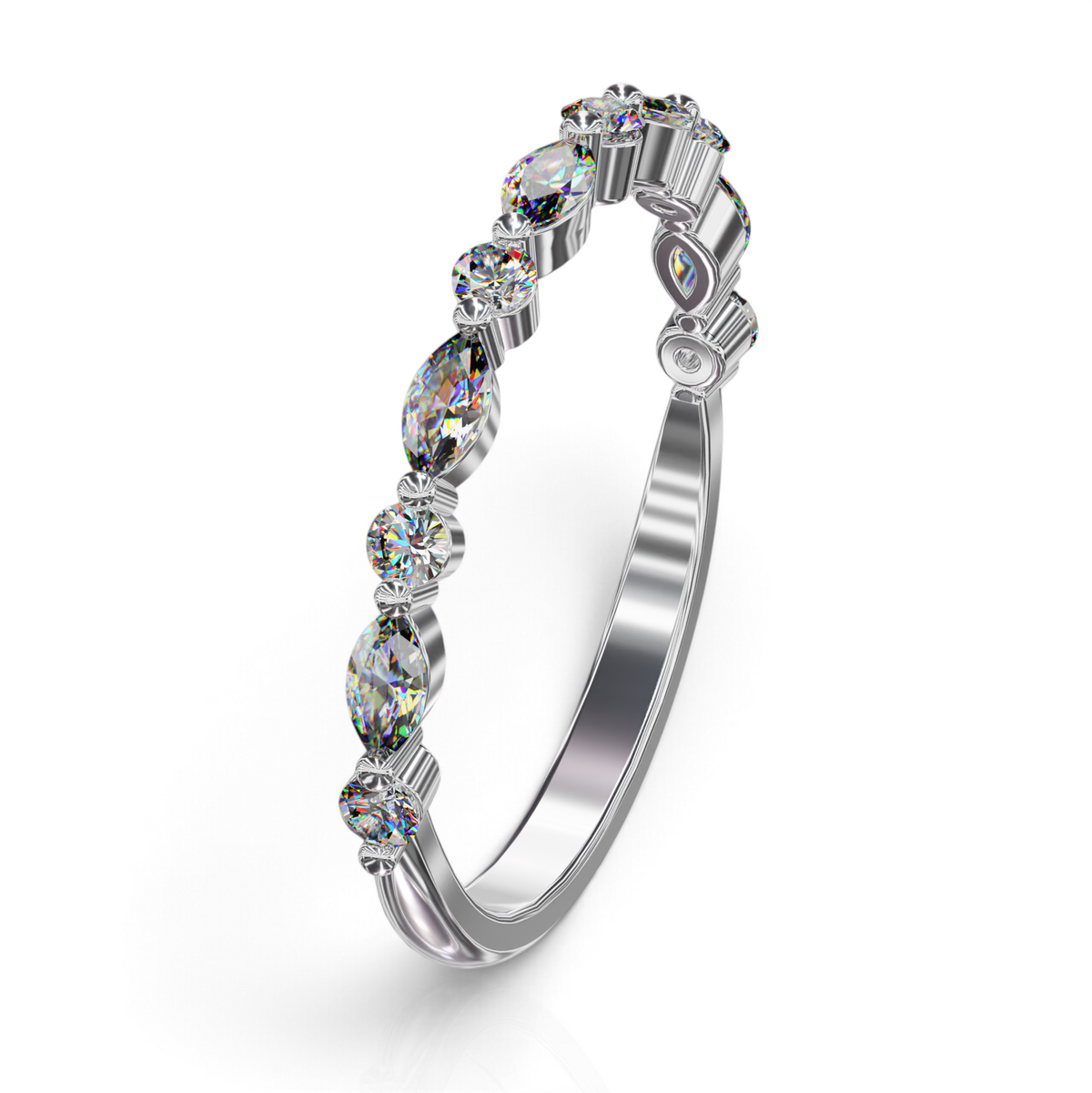 YFS Designs Stephanie wedding band featuring alternating round and marquise cut diamonds in a shared prong setting.