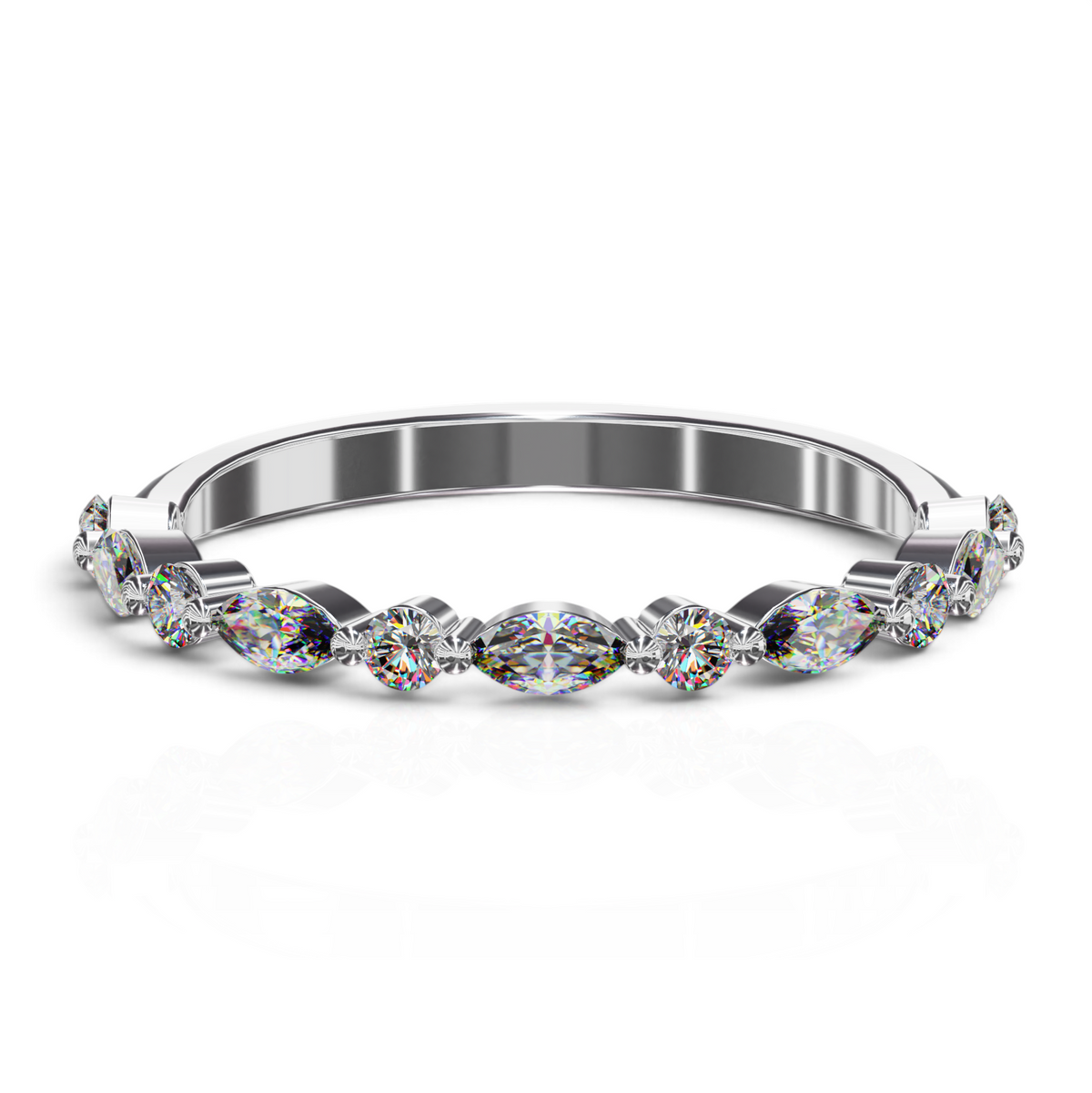 YFS Designs Stephanie diamond wedding band featuring alternating marquise and round cut stones in a shared prong setting.