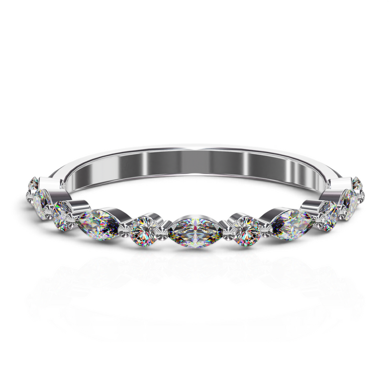 YFS Designs Stephanie diamond wedding band featuring alternating marquise and round cut stones in a shared prong setting.