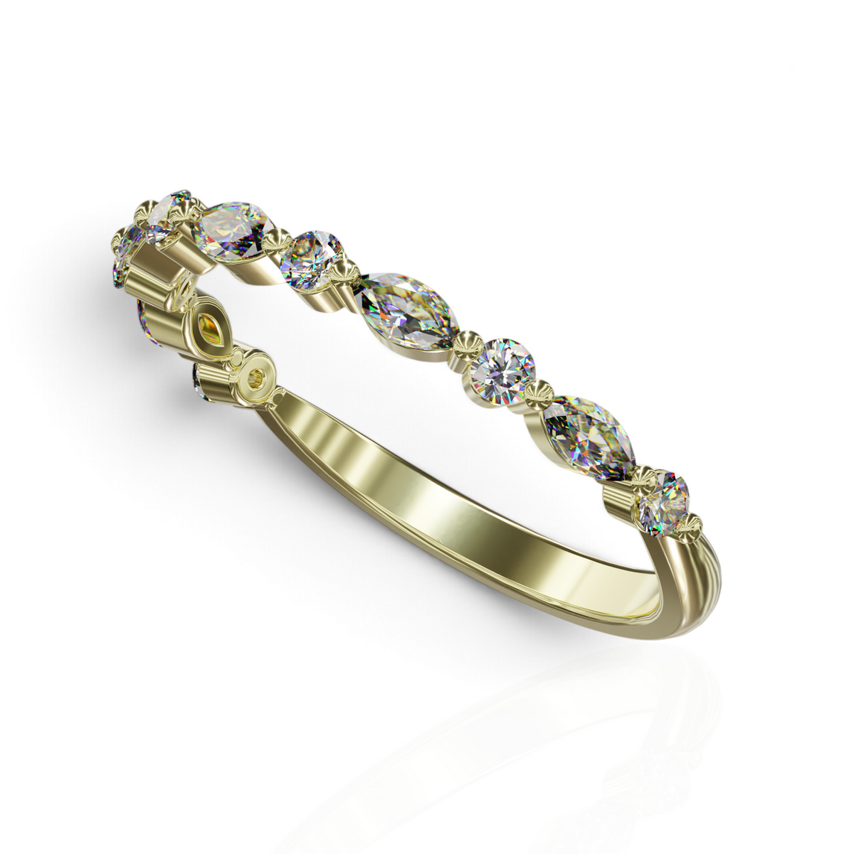 YFS Designs Stephanie wedding band featuring alternating round and marquise diamonds in a gold shared prong setting.