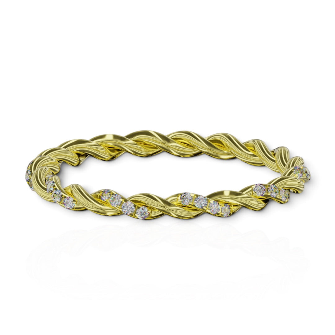 YFS Designs Miranda gold stackable band ring featuring a twisted rope texture and lab-grown round diamonds