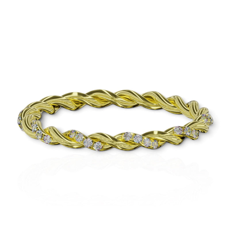 YFS Designs Miranda gold stackable band ring featuring a twisted rope texture and lab-grown round diamonds