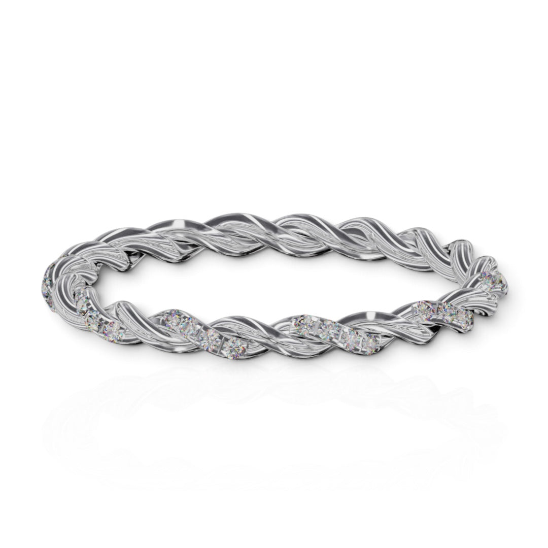 YFS Designs Miranda stackable band ring featuring a twisted rope design with lab-grown round diamonds in silver tone.
