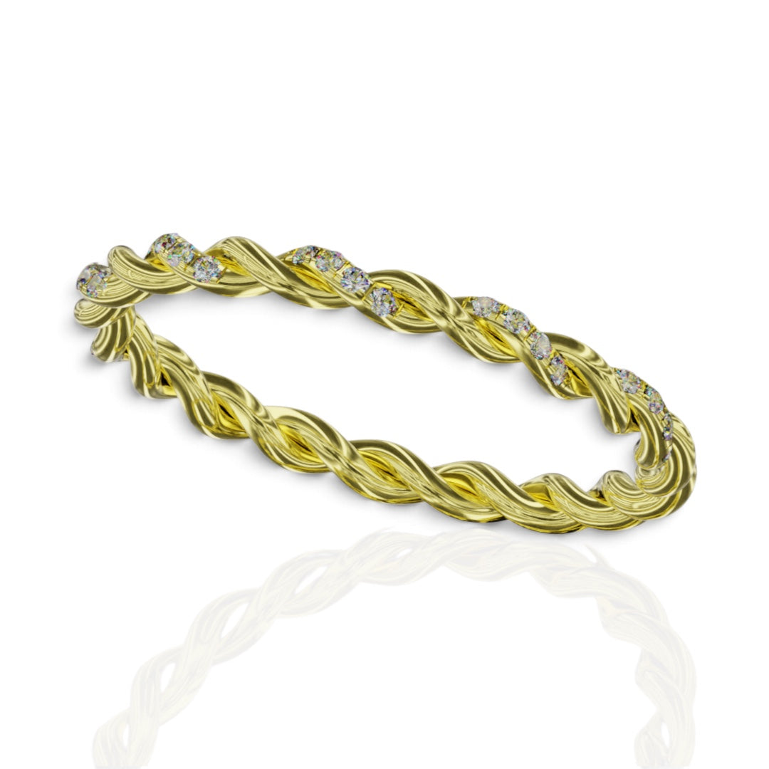 YFS Designs Miranda gold stackable band ring featuring a twisted rope design and lab-grown round diamonds.