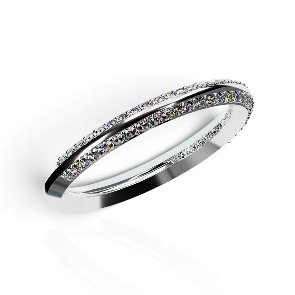 YFS Designs Nova double row pave diamond band in 14K white gold with 1mm round stones on a 1.5mm polished band.