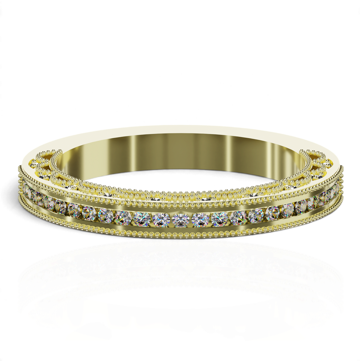 YFS Designs Rhaenyra gold band featuring a channel set diamond row with intricate milgrain detailing.