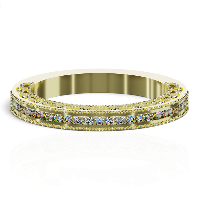 YFS Designs Rhaenyra gold band featuring a channel set diamond row with intricate milgrain detailing.