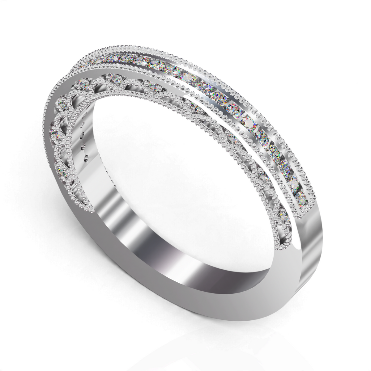 YFS Designs Rhaenyra diamond band featuring channel set stones and intricate milgrain detailing in polished silver