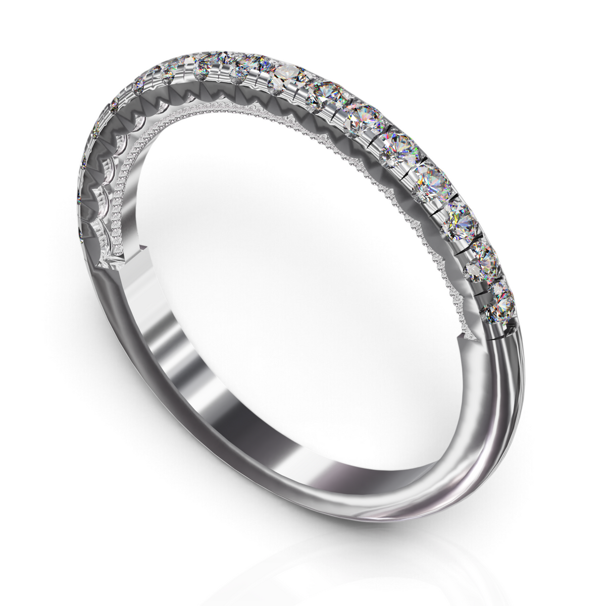 YFS Designs Rosaline vintage 2mm wedding band with brilliant-cut diamonds and intricate side milgrain detailing