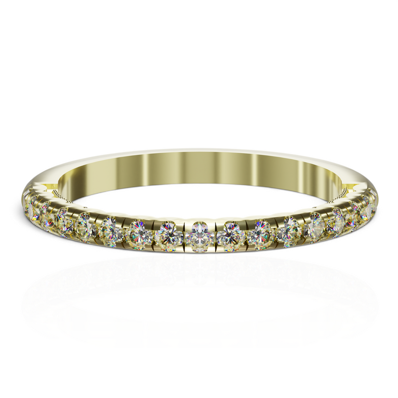 YFS Designs Rosaline 2mm gold wedding band featuring a row of brilliant-cut diamonds with vintage milgrain detailing.