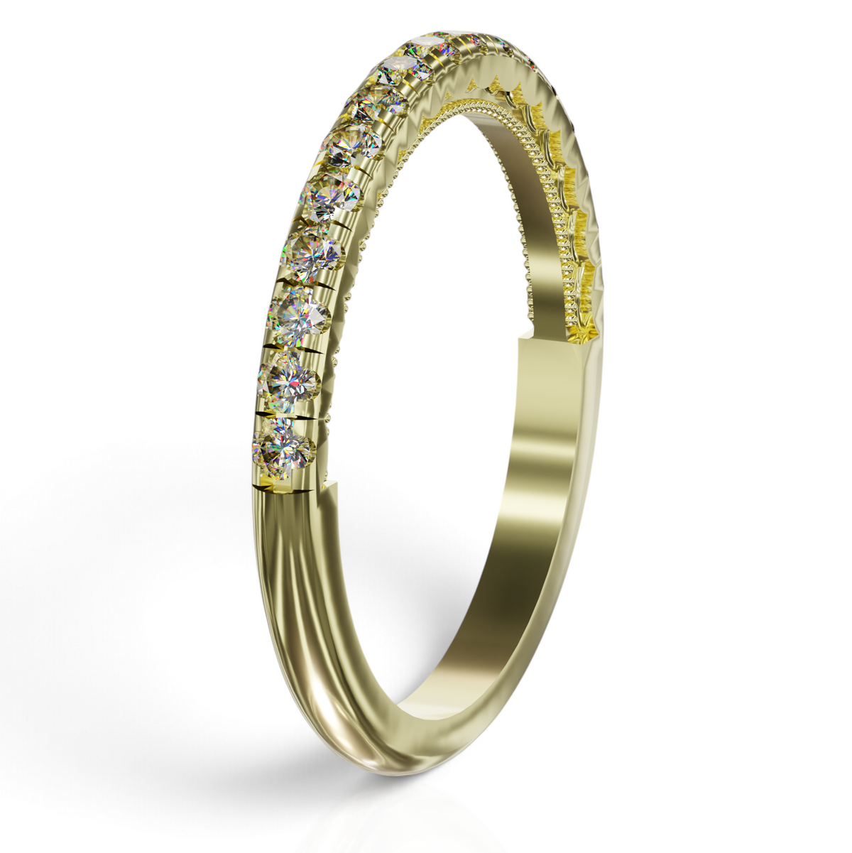 YFS Designs Rosaline 2mm gold wedding band with brilliant-cut diamonds and intricate vintage milgrain side detailing.