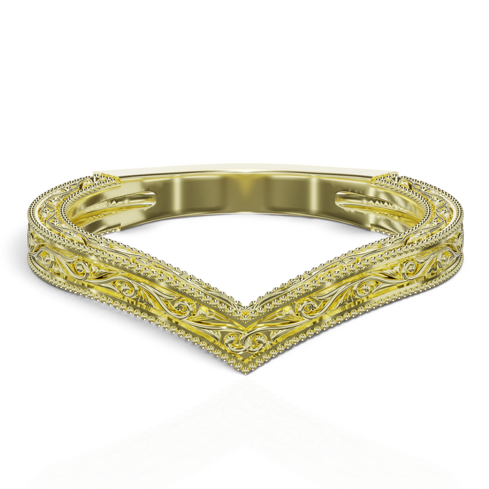 YFS Designs Sienna Contoured yellow gold wedding band with vintage milgrain scrollwork and a V-shape silhouette.