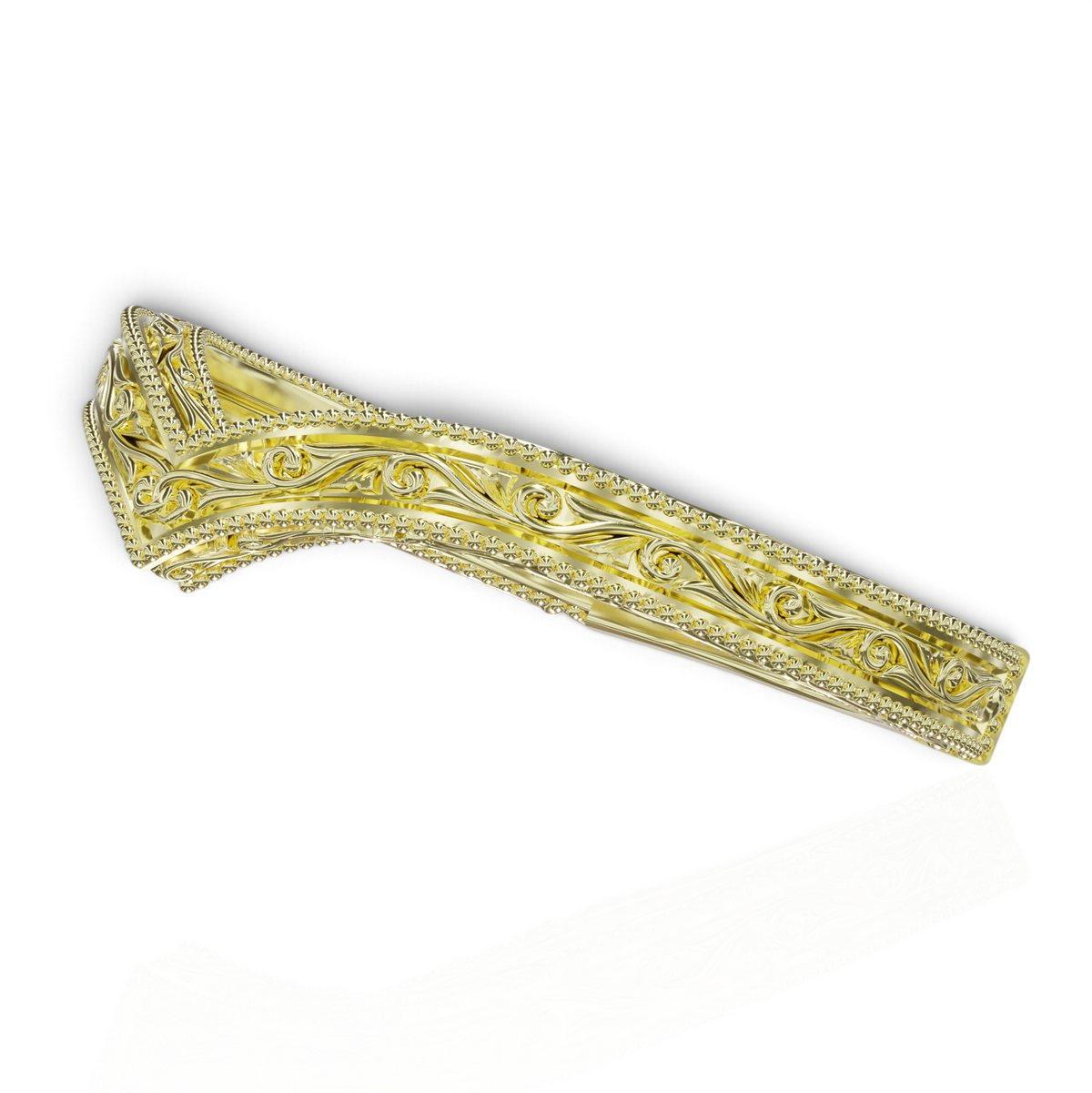 YFS Designs Sienna Contoured yellow gold wedding band with vintage milgrain scrollwork and V-shape silhouette