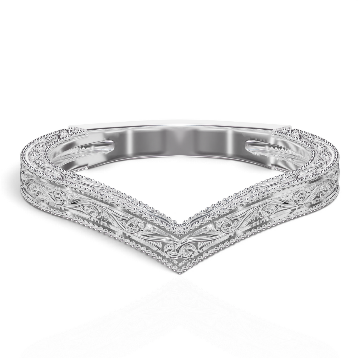 YFS Designs Sienna Contoured wedding band in 14K white gold with vintage milgrain detailing and engraved scrollwork.