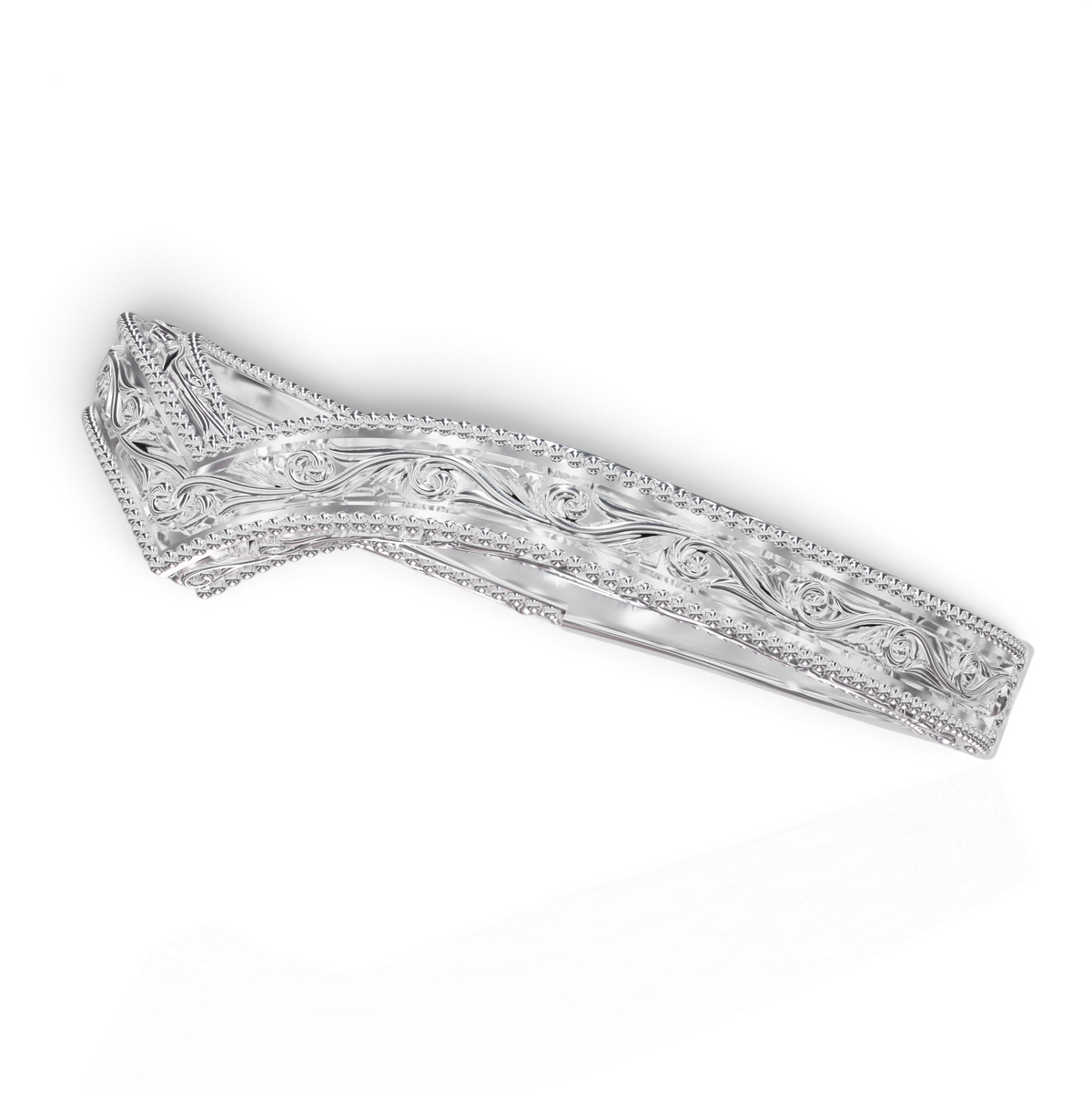 YFS Designs Sienna Contoured 14K white gold wedding band with vintage milgrain detailing and intricate scrollwork engraving.