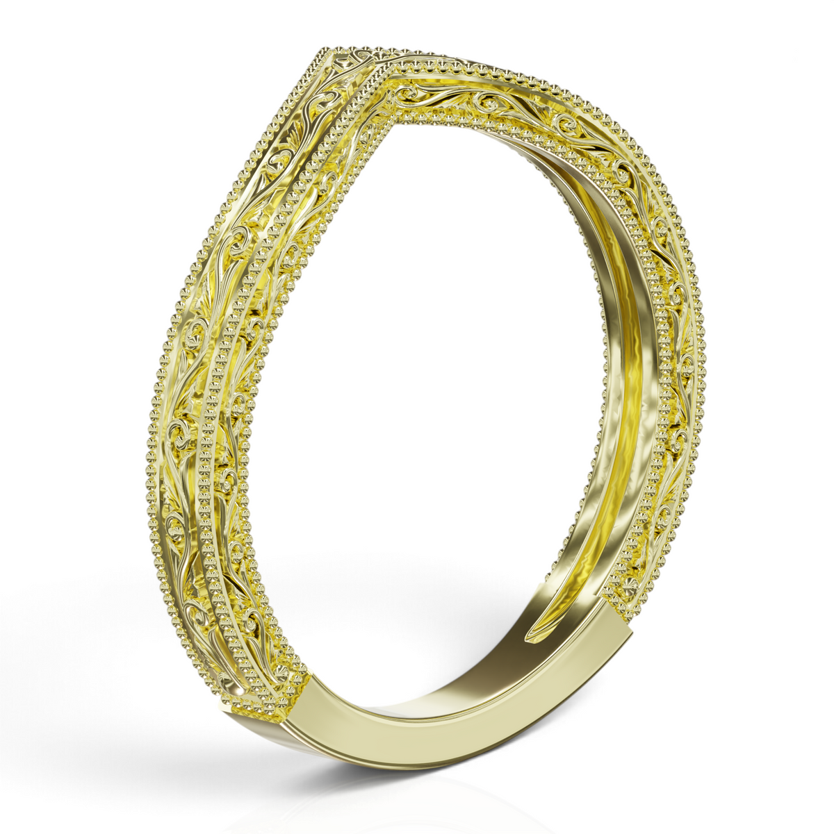 YFS Designs Sienna Contoured yellow gold wedding band with vintage milgrain scrollwork and a V-shape silhouette.