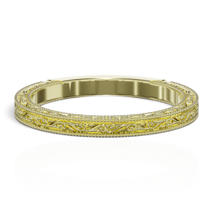 YFS Designs Sienna 2mm yellow gold wedding band featuring intricate vintage scrollwork and delicate milgrain edges.