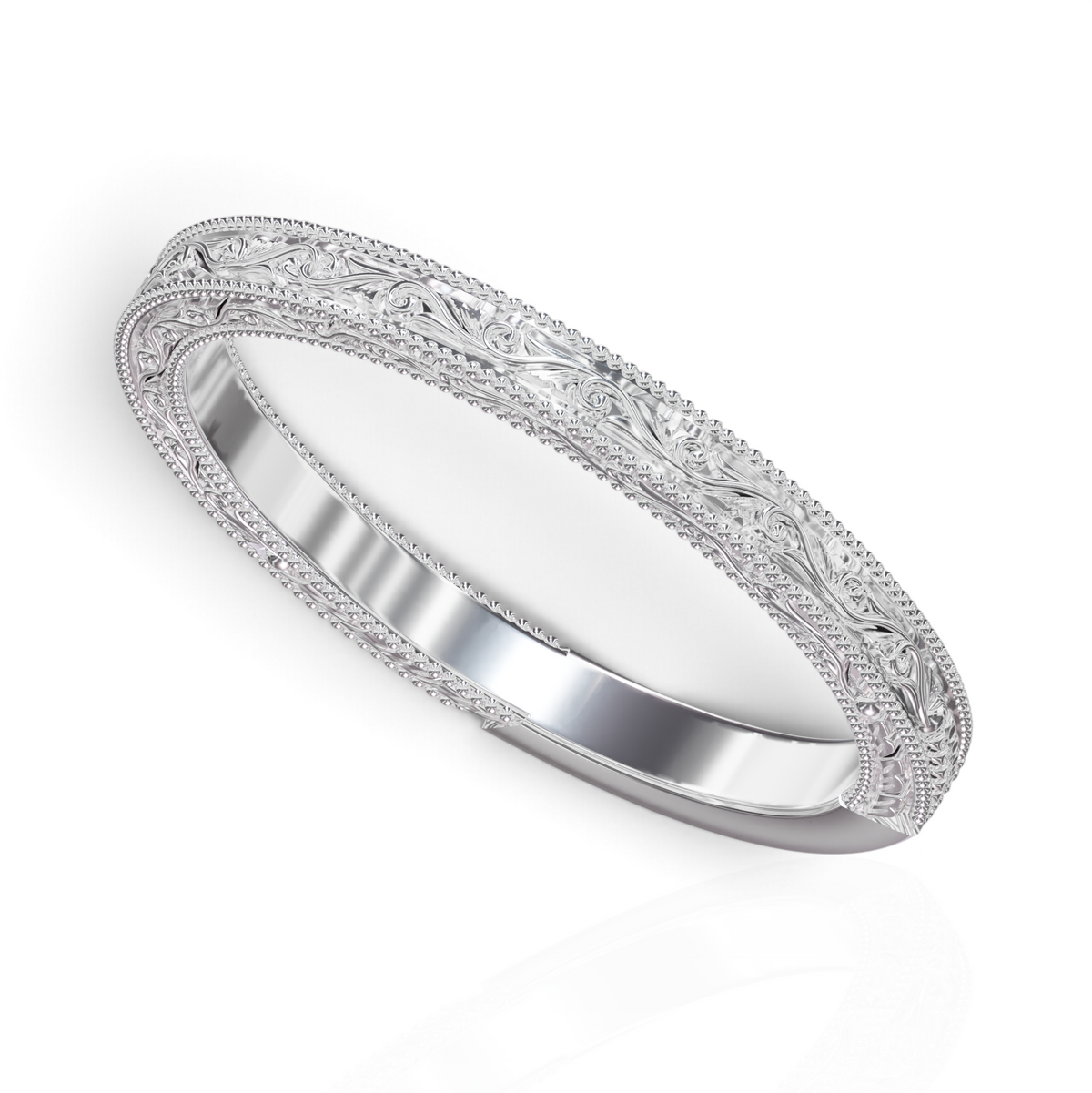 YFS Designs Sienna vintage wedding band featuring intricate scrollwork and delicate milgrain edges in polished 14K white gold.