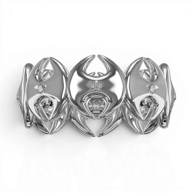 YFS Designs Signature Eternity ring in polished silver featuring a unique logo band design with 1.5mm round diamonds.