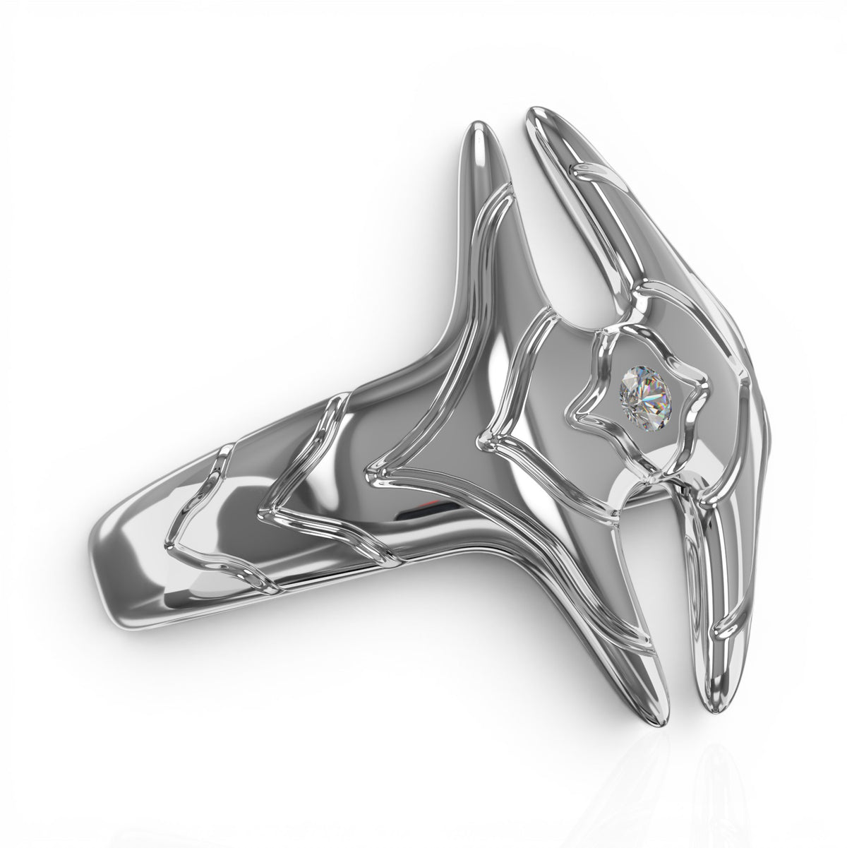 YFS Designs Signature logo ring in polished silver featuring a 1MM round diamond set in a unique geometric frame.