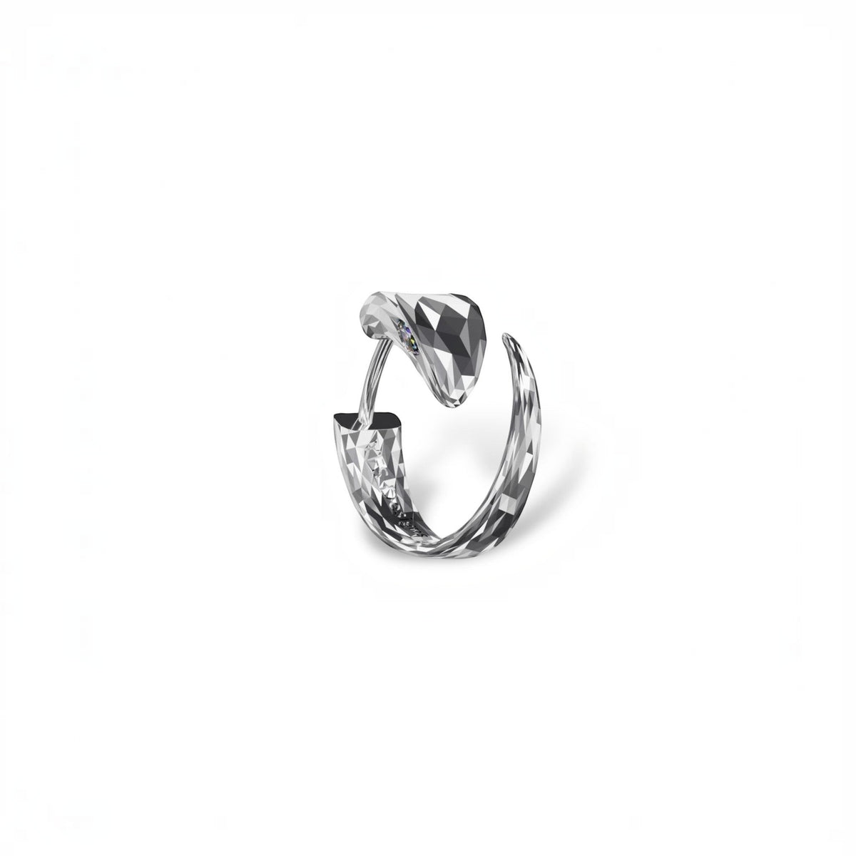 YFS Designs silver snake huggie earring with faceted texture and small moissanite stone accents.