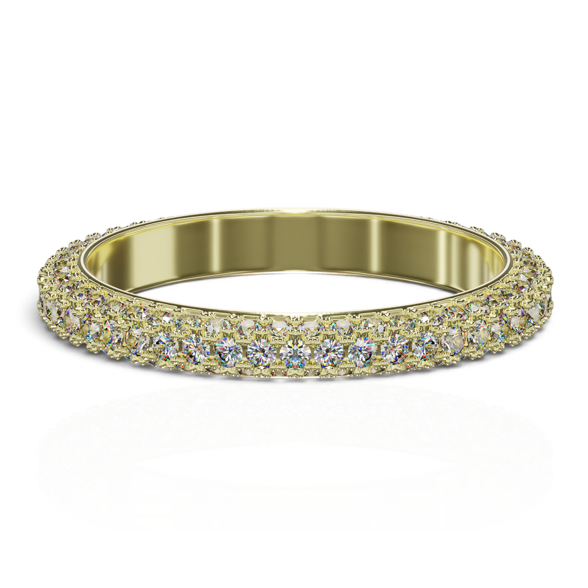 YFS Designs Kathrine three-row eternity band featuring lab-grown round diamonds set in polished yellow gold