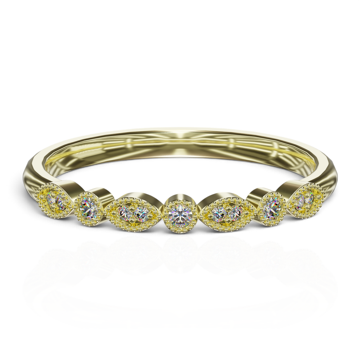 YFS Designs Jennifer vintage gold stackable band with marquise and round lab-grown diamonds and milgrain detailing.