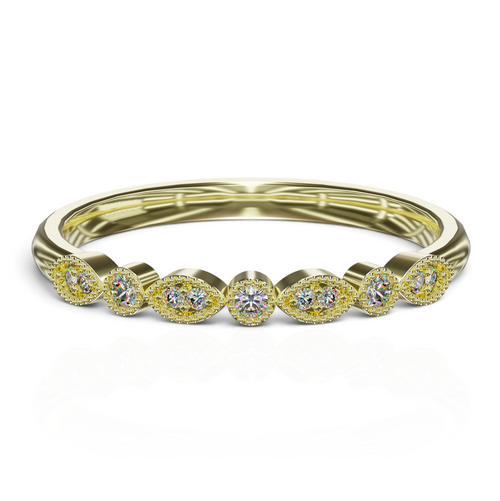 YFS Designs Jennifer vintage gold stackable band with marquise and round lab-grown diamonds and milgrain detailing.