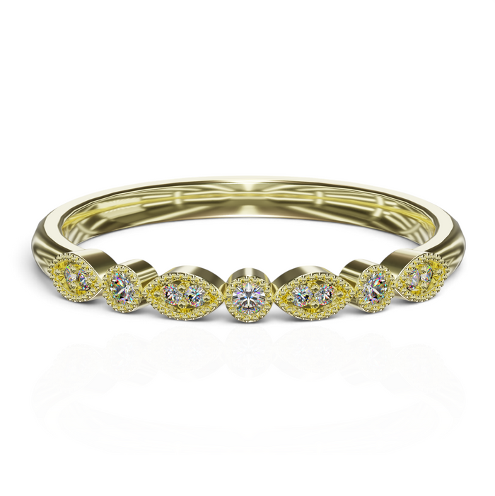 YFS Designs Jennifer vintage gold stackable band with marquise and round lab-grown diamonds and milgrain detailing.
