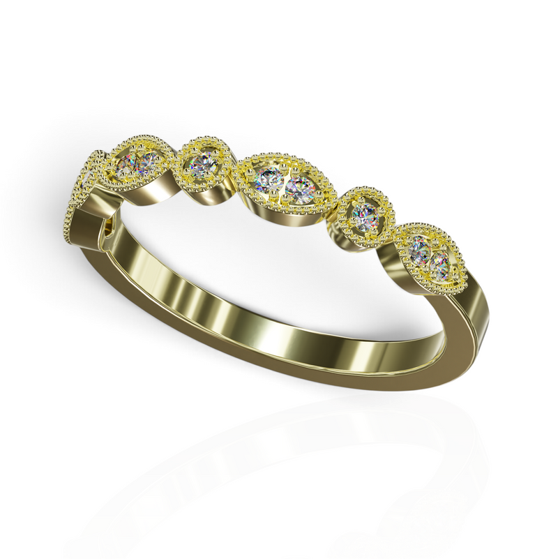 YFS Designs Yolanda gold stackable band with marquise-shaped settings, milgrain detail, and round lab-grown diamonds.