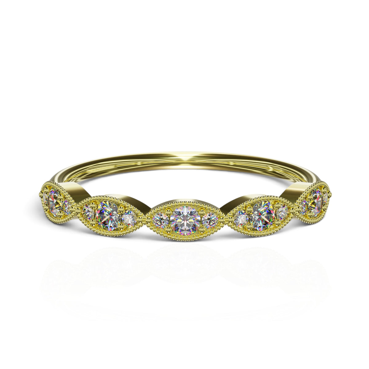 YFS Designs Yolanda stackable band featuring round lab-grown diamonds in marquise-shaped settings with milgrain detail.